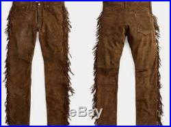 Men western cowboy suede leather pants with fringes jeans style