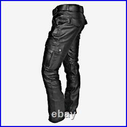 Mens 100% Black Genuine Leather Biker Pants/ Biker Hose & Cargo Pockets Trousers