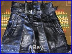 Mens 34 31 NOS vintage V. German black leather motorcycle bibs overalls pants