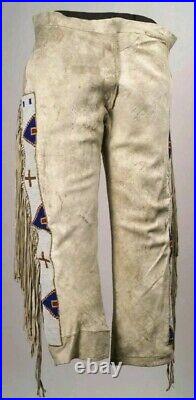 Mens Beige Buckskin Suede Leather Sioux Beaded Fringe Powwow Regalia Pants
