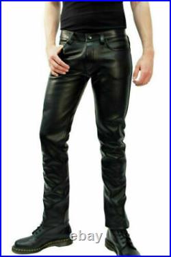 Mens Biker Jeans Real Black Casual Lambskin Leather Sleek Style Pants