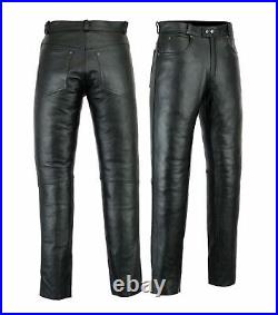 Mens Biker Jeans Real Black Cow Leather 501 Style Pants Trouser
