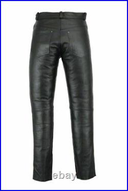 Mens Biker Jeans Real Black Cow Leather 501 Style Pants Trouser