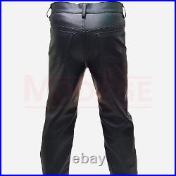 Mens Biker Jeans Real Black Cow Leather Pant 501 Style Cowhide Pants