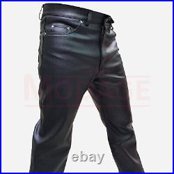 Mens Biker Jeans Real Black Cow Leather Pant 501 Style Cowhide Pants