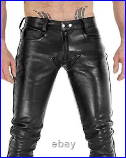 Mens Biker Jeans Real Black Soft Lambskin Leather Sleek And Sexy 501 Style Pants