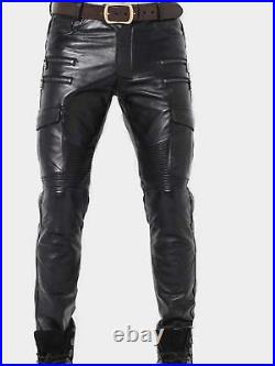 Mens Biker Jeans Real Black Soft Lambskin Leather Sleek Sexy 501 Style Pants 1