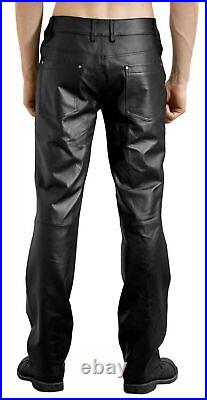 Mens Biker Jeans Real Black Soft Lambskin Leather Sleek Sexy 501 Style Pants 2