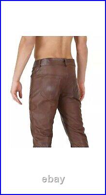 Mens Biker Jeans Real Brown Cow Leather Sleek And Sexy 501 Style Pants Size 34