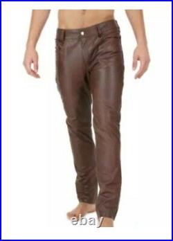 Mens Biker Jeans Real Brown Cow Leather Sleek And Sexy 501 Style Pants Size 34