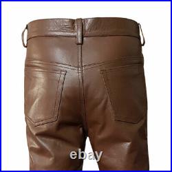 Mens Biker Jeans Real Brown Cow Leather Sleek And Sexy 501 Style Pants Trouser