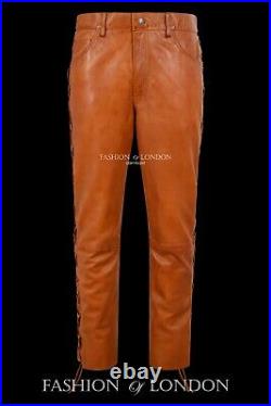 Mens Biker Leather Trouser Tan Wax Laced Motorcycle Style 100% Napa Trouser Pant