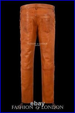 Mens Biker Leather Trouser Tan Wax Laced Motorcycle Style 100% Napa Trouser Pant