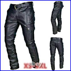 Mens Biker Motorcycle Leather Pants Pockets Straight Leg Windproof Trouser
