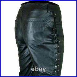 Mens Biker Pants Black / Brown Leather Sexy Side Laced Jeans