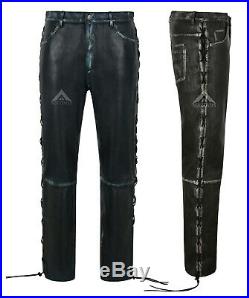 Mens Biker Pants Laced Vintage Leather Trousers Real Lambskin Riding Pants 00126