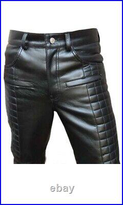 Mens Bikers Pants Real Black Leather Quilted Design Motorcycle Jeans Trouser