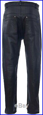Mens Black'501' Leather Jeans Classic Biker Cowhide Motorcycle Trousers Pants