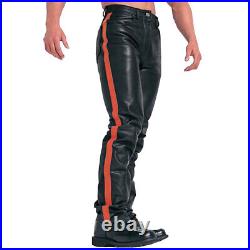 Mens Black Cowhide Leather Biker Pants With Red Straps
