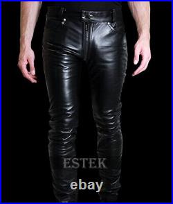 Mens Black Cowhide Leather Slim Fit Biker Pants With Back Zip