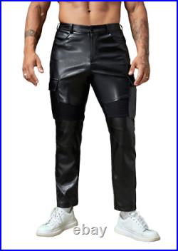 Mens Black Genuine Leather Cargo Biker Pants black leather Trouser pants fashion