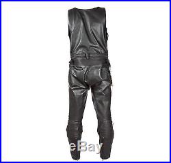 Mens Black Genuine Leather Motorcycle Overalls Reflective Strip Pants Sz 56 XL