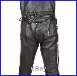 Mens Black Genuine Leather Motorcycle Overalls Reflective Strip Pants Sz 56 XL