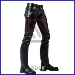 Mens Black Leather Biker Pants Cowhide Leather Breeches Gay Trousers