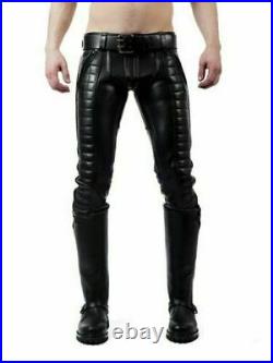 Mens Black Leather Biker Pants Quilted Leather Slim Fit Leather Trousers