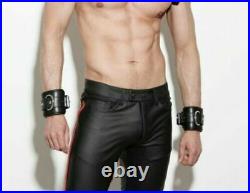 Mens Black Leather Biker Pants Slim Fit Leather Trousers with Red Strap