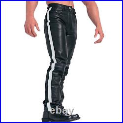 Mens Black Leather Biker Pants With White Straps