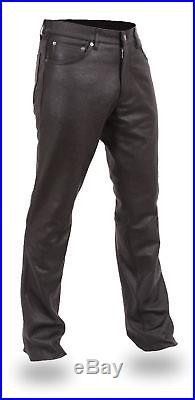 Mens Black Leather Commander 5 Pocket Modern Fit Pants Jeans