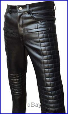Mens Black Leather Quilted Design Motorcycle Bikers Pants Jeans Trouser -(us502)