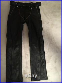 Mens Black Leather Trousers & Front & Back Zip W32, L34 Gay Fetish Interest