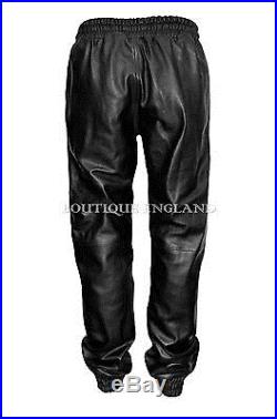 Mens Black Napa Real Soft Leather Trousers Sweat Track Pant Zip Jogging Bottom