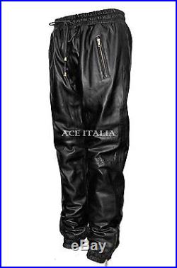 Mens Black Napa Real Soft Leather Trousers Sweat Track Pant Zip Jogging Bottom