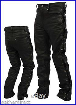 Mens Black Quality Leather Motorcycle Motorbike Jeans Laces Trousers Pants Style