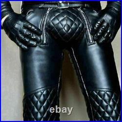Mens Black Real Cowhide Leather Bluff Pants for Men Quilted Jeans Biker Trouser