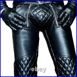 Mens Black Real Cowhide Leather Bluff Pants for Men Quilted Jeans Biker Trousers