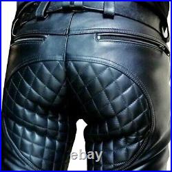 Mens Black Real Cowhide Leather Bluff Pants for Men Quilted Jeans Biker Trousers