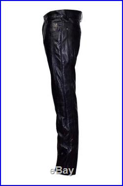 Mens Black Stylish Fashion Soft Leather Designer Slim Fit Jeans Trousers Pants