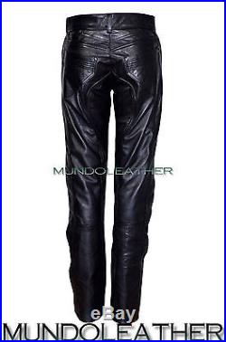 Mens Black Stylish Soft Leather Designer Style Slim Fit Biker Trousers Pants