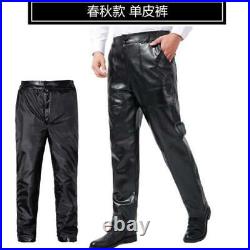 Mens Black Waterproof Workwear Faux Leather Motorcycle Pants Thicken Warm 5XL D