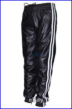 Mens Black White Stripe Real Soft Leather Trousers Track Pant Zip Jogging Bottom