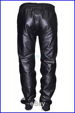 Mens Black White Stripe Real Soft Leather Trousers Track Pant Zip Jogging Bottom