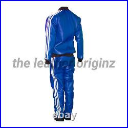 Mens Blue Leather Tracksuit with white Stripes Style