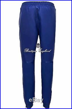 Mens Blue Napa Real Soft Leather Trousers Sweat Track Pant Zip Jogging Bottom