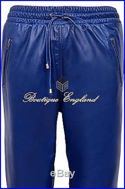 Mens Blue Napa Real Soft Leather Trousers Sweat Track Pant Zip Jogging Bottom