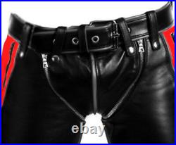 Mens Bondage Pants Real Black Red Leather Heavy Duty Jeans