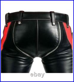 Mens Bondage Pants Real Black Red Leather Heavy Duty Jeans
